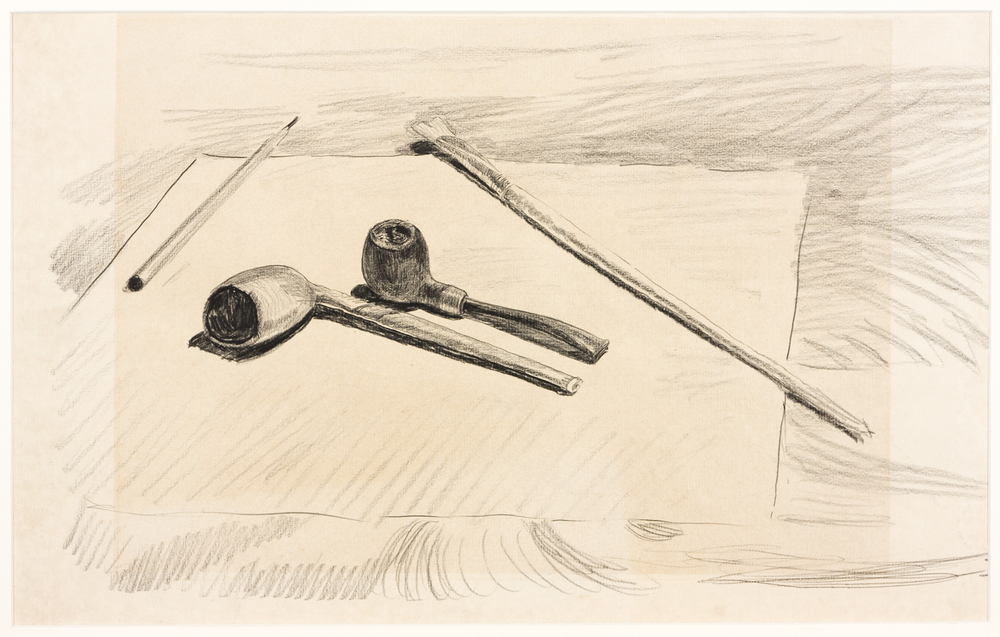 Attributen: twee pijpen, potlood en penseel